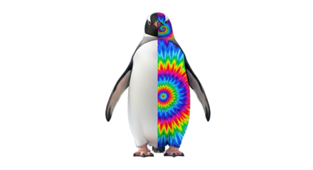 Penguin stands on ice half normal half colorful psychedelic with mountains background.