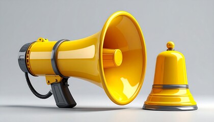 Bright yellow megaphone and bell on a gray background.  3D rendering