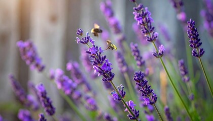 A close-up shot showcases vibrant lavender flowers swaying in the sunlight, with two bees hovering nearby, blurred background