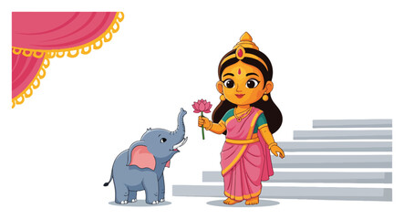 Cute Indian Girl with a Baby Elephant Offering a Lotus Flower