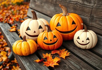 Whimsical smiling pumpkins on rustic bench, autumn leaves,  fall,   farm