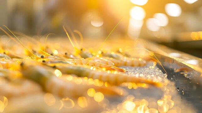 Closeup of fresh shrimp being grilled with a golden sun flare