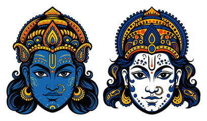 Divine Couple Radha and Krishna Face Vector Illustrations