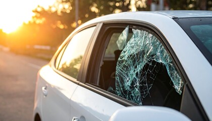 Broken car window at sunset
