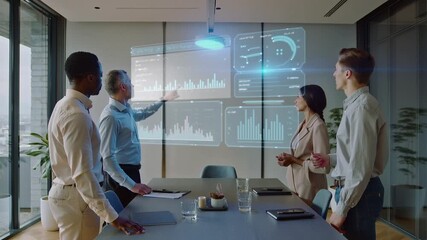 Dynamic diverse team analyzing data projections in modern office boardroom, driving business growth through collaborative data driven strategies - Powered by Adobe