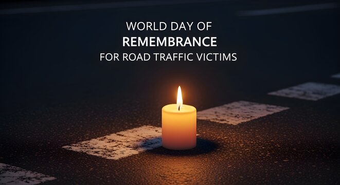 Minimal poster-style concept: single glowing candle on dark asphalt with subtle road markings, text placeholder for ?World Day of Remembrance for Road Traffic Victims', clean and respectful design