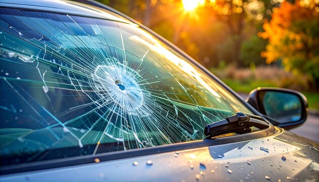 Broken car windshield in sunlight