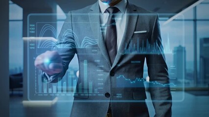 Dynamic businessman interacting with holographic data in modern office, presenting future technology and innovative business solutions with city view - Powered by Adobe
