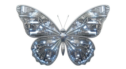 Butterfly with circuit board pattern on wings isolated on white background.