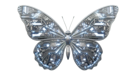 Butterfly with circuit board pattern on wings isolated on white background.