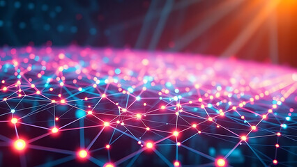 A glowing network of interconnected nodes and lines, representing data flow and digital connections, with a vibrant neon pink and blue color scheme and a bright orange light flare in the background