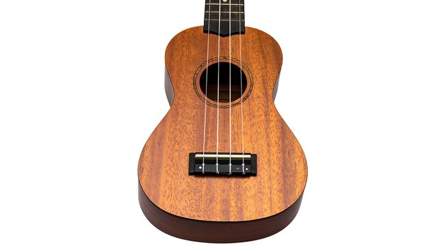 Close-up of a light brown ukulele