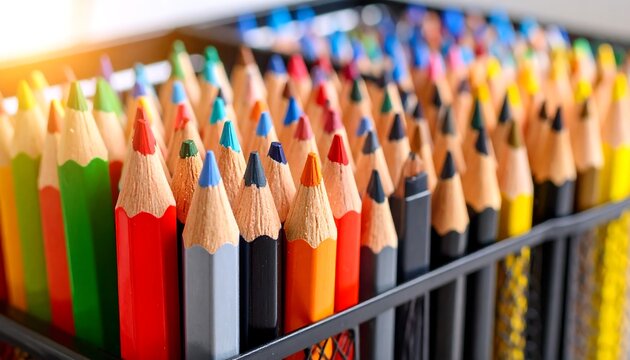 Close-up of colored pencils in a container