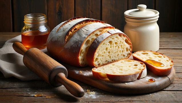 A rustic loaf of freshly baked bread, sliced to reveal its airy crumb, sits on a wooden board with a rolling pin and a jar of honey nearby - Powered by Adobe
