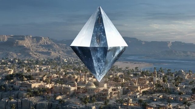 Mysterious Diamond Shaped Object hovering over Ancient Middle Eastern Cityscape