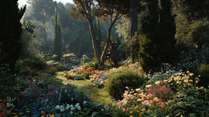 Enchanting Sun-Dappled Forest Path Adorned with Vibrant Wildflowers and Lush Greenery.