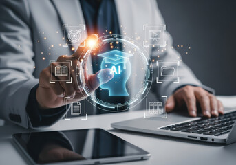 Close-up of businessman using digital interface with AI education icon, symbolizing online learning, future skills, artificial intelligence training. Concept of e-learning, modern education