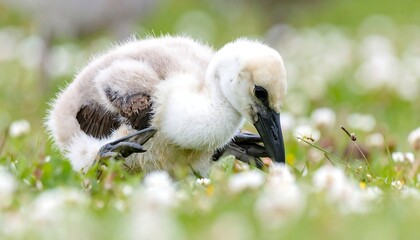 Close-up of a fluffy baby bird in grass