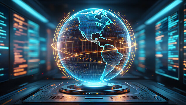 A glowing blue digital globe with orange orbital lines hovers above a futuristic platform, surrounded by screens displaying code in a dark, hightech room