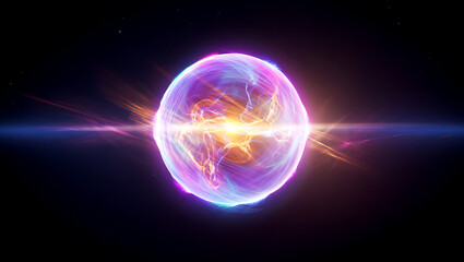 A vibrant, glowing orb of energy pulsates with light and color against a dark, starfilled cosmic background, suggesting a powerful cosmic event or phenomenon