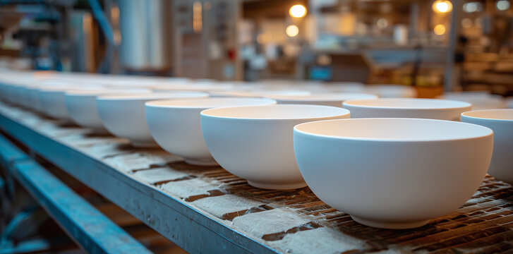 Ceramic bowls on a conveyor belt in a pottery workshop during daytime manufacturing process Generative AI