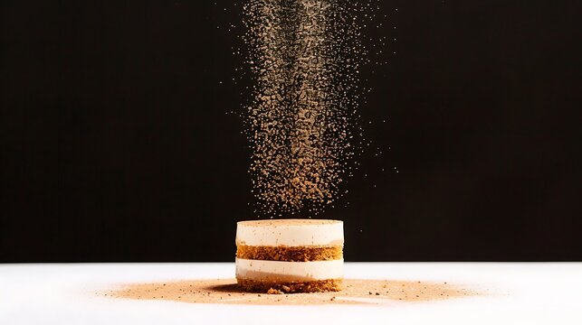 A delicious layered dessert with sugar being sprinkled on top, isolated on white background