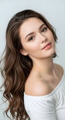 A young woman with flowing brown hair, wearing a white off-the-shoulder top, looking directly at the camera with a gentle smile against a plain background