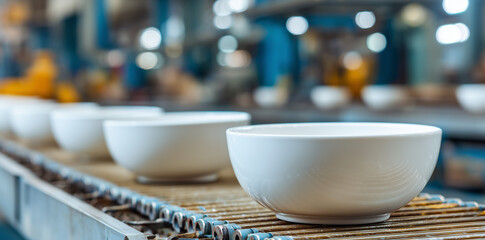 White ceramic bowls move along a conveyor belt in a busy production facility in the morning light Generative AI