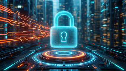 A glowing blue padlock, representing digital security, hovers above a futuristic circuit board with abstract data streams flowing in the background, set against a bokeh of a modern city skyline