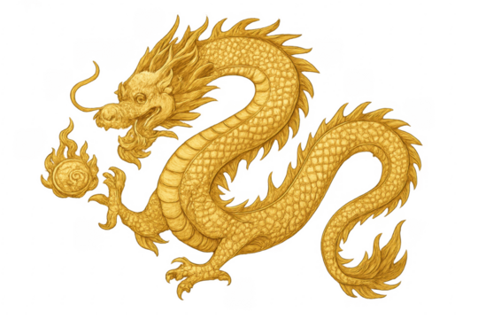Golden chinese dragon illustration with transparent background