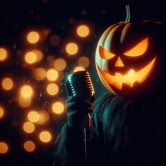  Bold jack-o&rsquo;-lantern head glowing with sinister grin, holding microphone against blurred festive lights. Suited for Halloween designs, apparel, posters, souvenirs, showcasing spooky autumn mood
