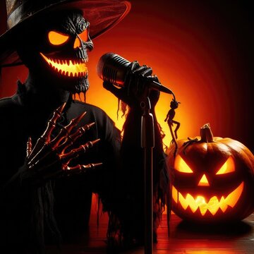 Striking scarecrow with glowing jack-o&rsquo;-lantern face singing into microphone, smaller pumpkin at side on fiery background. Perfect for Halloween prints, posters, spooky decor, horror apparel