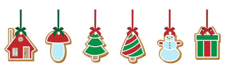 Gingerbread cookies hanging on red ribbons with bows. Vector illustration isolated on white background.