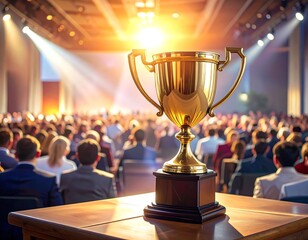 Golden Trophy at Award Ceremony in Crowded Hall