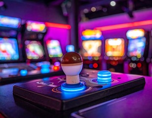Close-up of a joystick in a brightly lit arcade