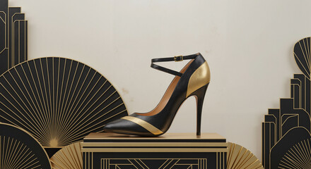Art Deco inspired high heel shoe in black and gold design  