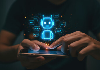 Businessman using mobile phone with virtual chatbot icon. AI technology, virtual assistant, customer service automation and digital communication innovation concept