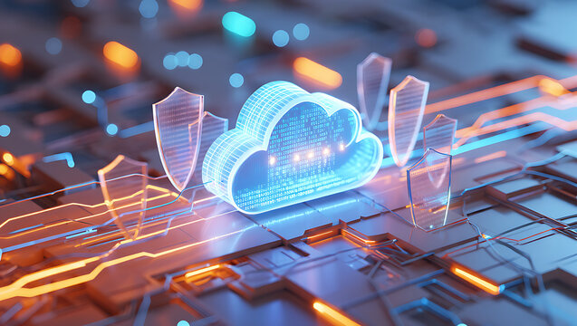 A glowing blue cloud icon with digital shields represents cloud computing security and data protection on a futuristic circuit board - Powered by Adobe