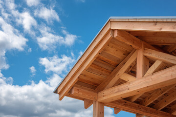 Obraz premium Beautiful wooden structure under a bright blue sky with scattered clouds during the day Generative AI