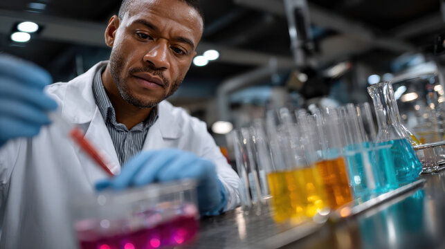 A dedicated scientist carefully mixes colorful liquids in laboratory glassware, showcasing the precision and attention to detail needed in a scientific environment.