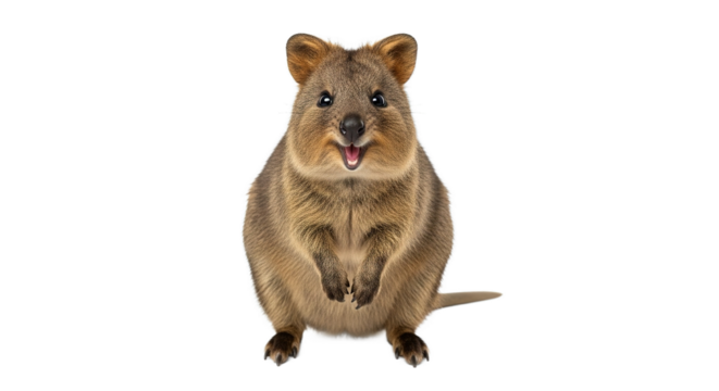 Quokka marsupial animal stands upright facing forward on a white background.