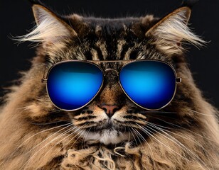 Close-up of a fluffy cat wearing aviator sunglasses
