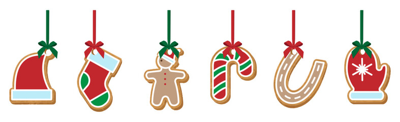 Gingerbread cookies hanging on red ribbons with bows. Vector illustration isolated on white background.