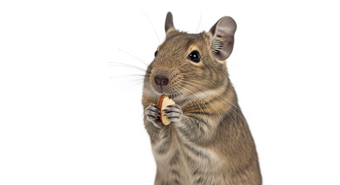 A degu rodent sits and eats a small piece of food on white.