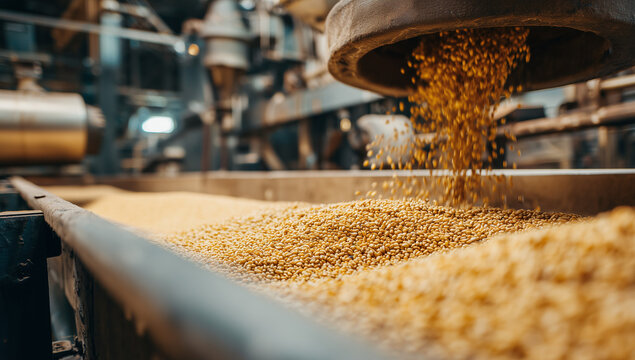 Grain being processed in a modern facility during daylight hours with machinery and equipment in the background Generative AI