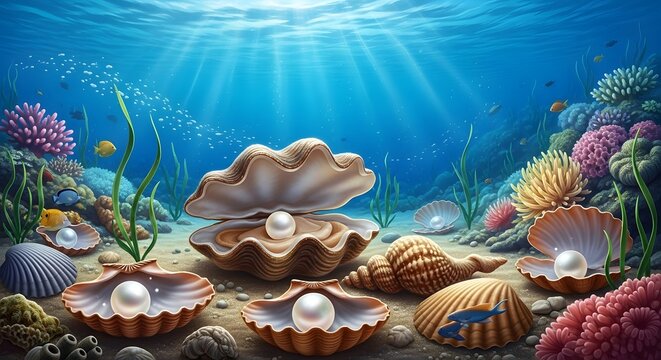 Sunlight filters through the ocean illuminating a vibrant underwater scene with a treasure of luminous pearls in open oyster and clam shells on the sandy seafloor