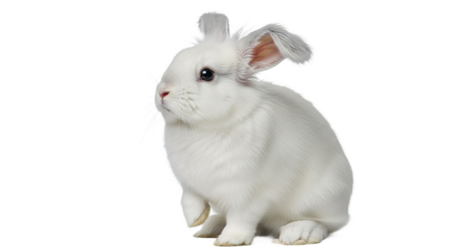 White rabbit sitting isolated on a white background looking to the left.