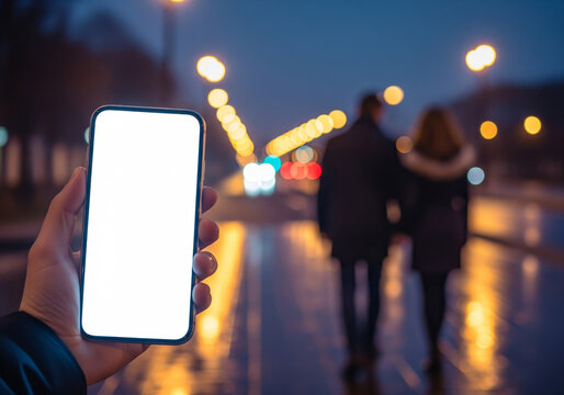Smartphone with blank white screen mockup held in hand on romantic evening street with blurred couple walking under glowing streetlights, template for dating app promotion - Powered by Adobe
