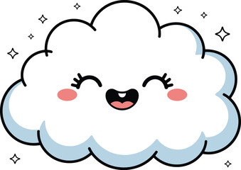Cute, kawaii smiling cloud cartoon character with sparkles, representing happiness, dreaming, weather, fluffy nature, and a charming sky illustration for children's design