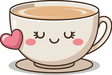 Cute, kawaii teacup cartoon character with blush and a pink heart, representing love, comfort, tea time, cozy moments, and a warm beverage illustration